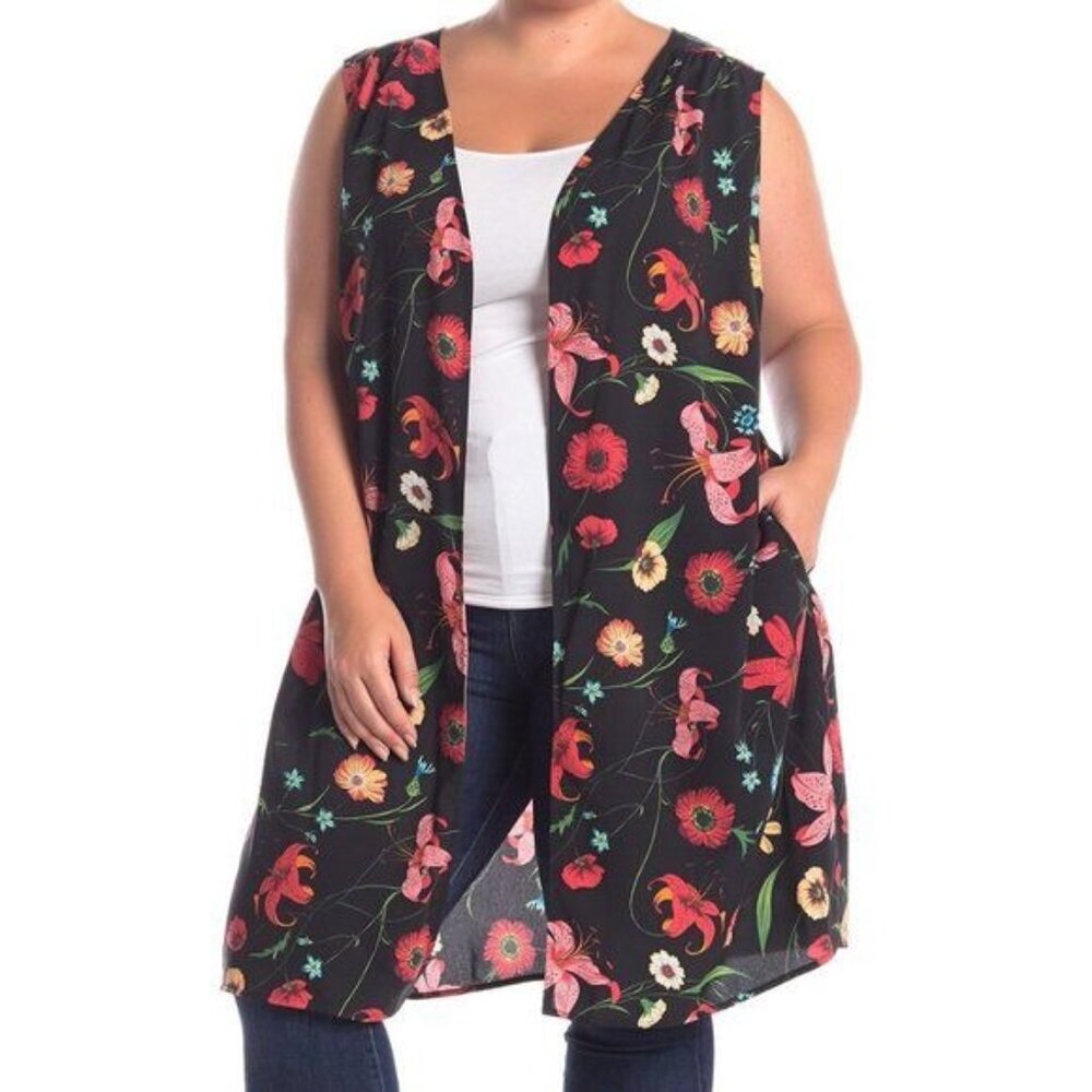 Pleione Floral Open Front Duster Vest L Art to‎ Wear Artsy Cottagecore Boho